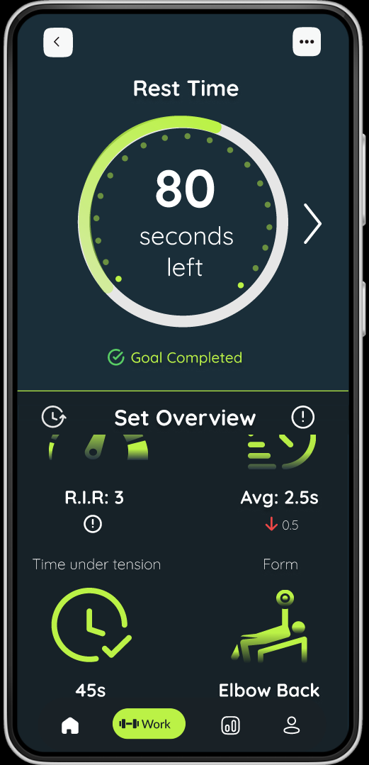 Rest timer with a set overview showing R.I.R., average tempo, time under tension and a form flag